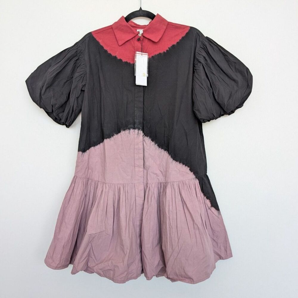 NWT Wknd Wyfr Frock-It Ombre Colorblock Collared Puff Short Sleeve Dress Sz S